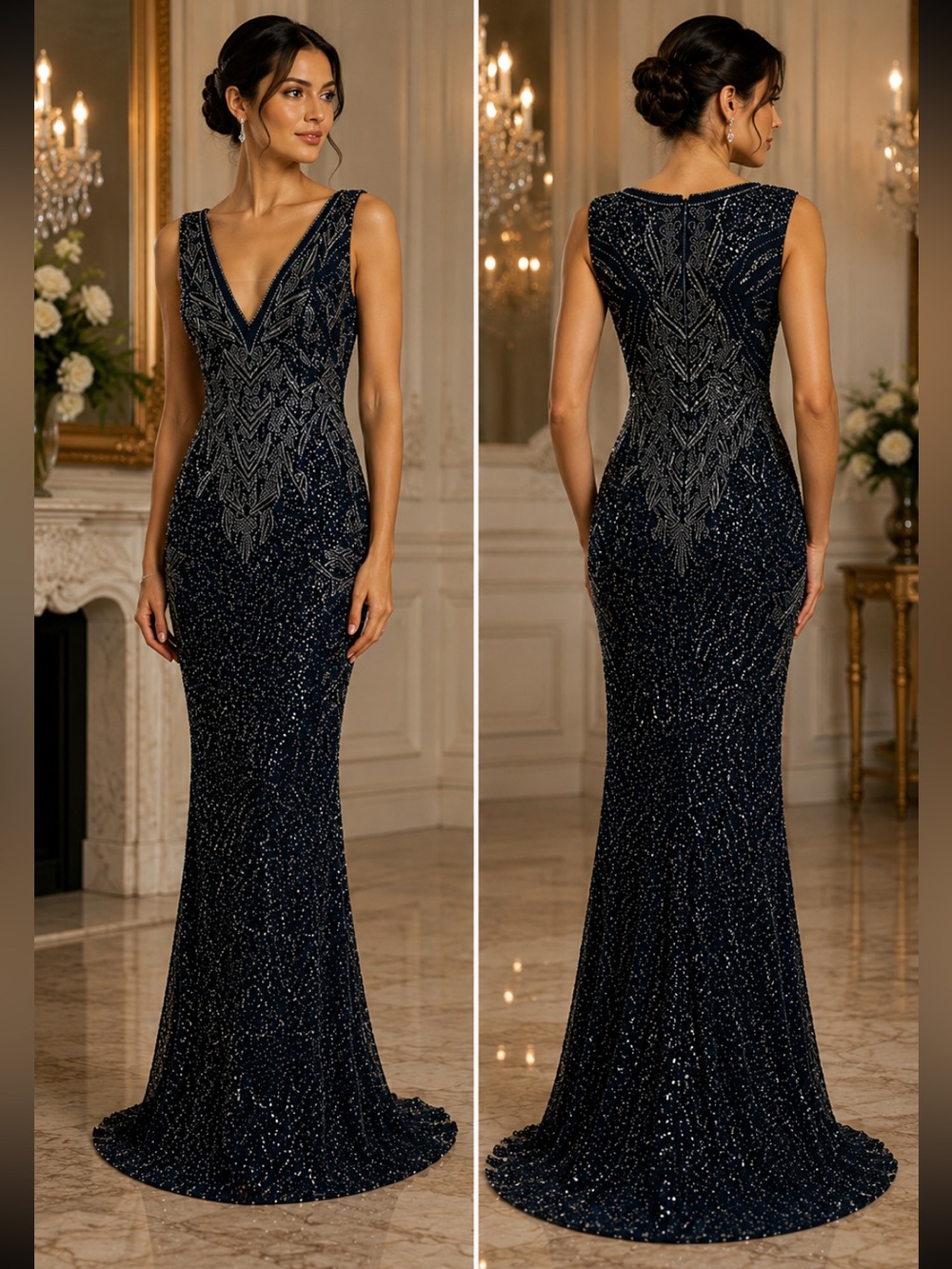 Aidan Mattox fully beaded sleeveless V-Neck long dress - Picture 3 of 13